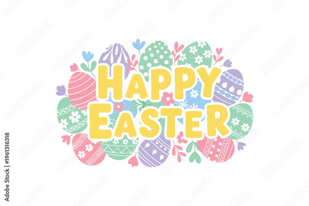 Obraz premium Colorful easter greeting with decorated eggs and floral patterns