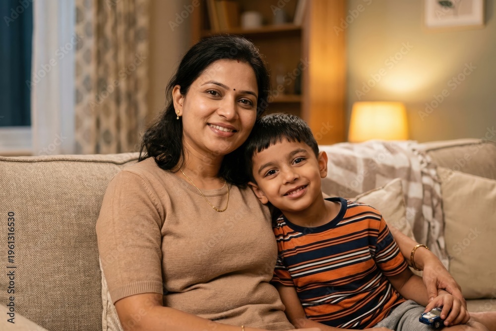 Obraz premium Indian Mother Son Evening Relaxed Home Lifestyle