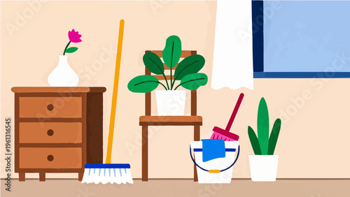 Cleaning supplies and house plants vector illustration with bucket mop and furniture