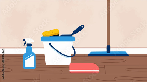 Cleaning equipment and supplies vector illustration with bucket mop spray bottle