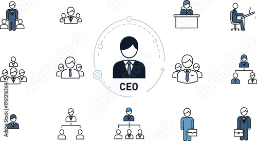 CEO Leadership and Corporate Management Icon Set with Business Executives Team Hierarchy Organization Structure and Professional Authority Vector Design.