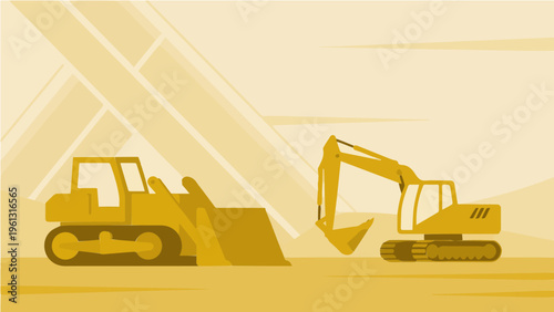Construction vehicles bulldozer and excavator vector illustration in yellow on site