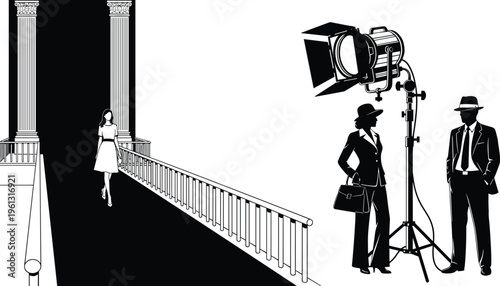 film, noir, scene, fashion, model, studio, lighting, silhouette, vintage, cinema, photography, production, dramatic, shadow, classic, style, people, professional, backdrop, composition