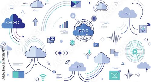 Cloud Computing Technology and Data Network Illustration Set with Digital Storage Connection Servers Upload Download and Internet Communication Vector Design.