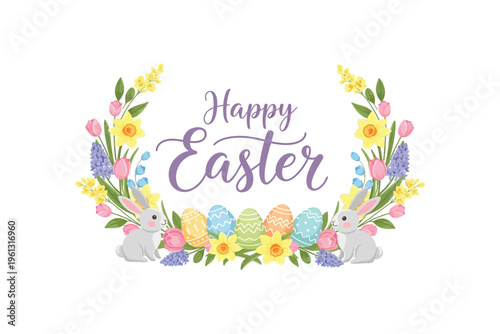 Happy easter greeting card with colorful florals and bunny rabbits