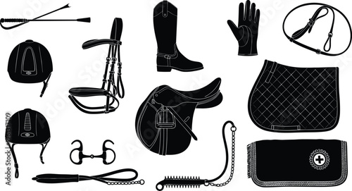 Equestrian equipment set with saddle bridle helmet boots gloves riding gear silhouettes horse accessories vector illustration isolated black design