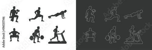 Gym Workout Silhouette Set Black and White - Male Fitness Exercise Poses Dumbbell Squat Lunge Push Up Barbell Treadmill Vector Illustration