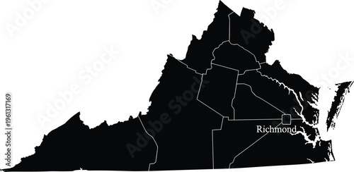 Virginia state map silhouette with Richmond highlighted detailed geographic outline vector illustration USA region boundaries black design isolated