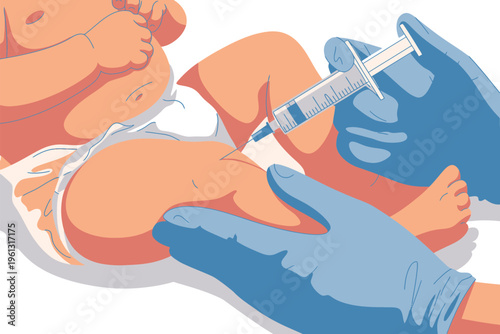 Close-up illustration of a baby receiving an injection in the leg from gloved hands