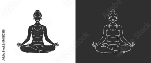 Woman Meditating in Lotus Pose Silhouette and Outline Set Black and White - Yoga Girl Sitting Cross Legged Vector Illustration on Light and Dark Background
