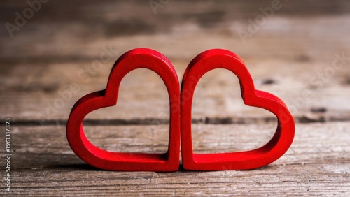 Red hearts rest on weathered wood surface