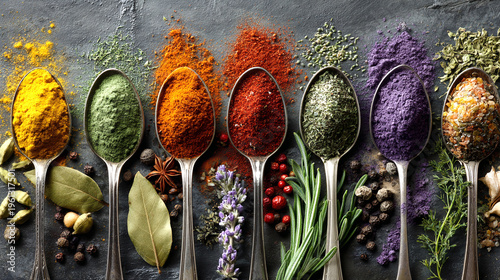 Spices and herbs in vintage spoons