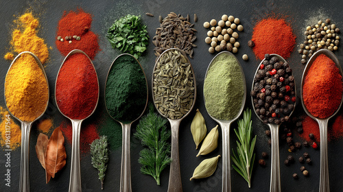 Spices and herbs in vintage spoons