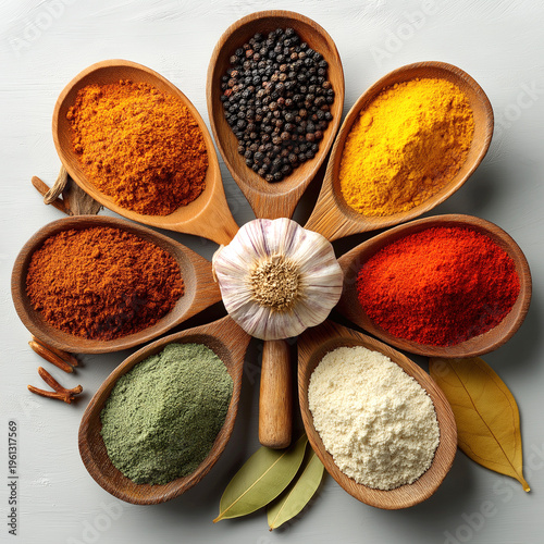 Spices in wooden spoons on white background