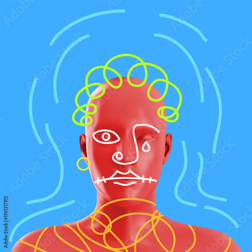 Abstract vector 3D illustration of red human head on blue background, covered with white and yellow hand drawn scribbles including stitched mouth and tear, symbolizing internal pain, anxiety