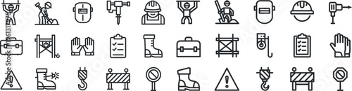 Construction and Industrial Worker Line Outline Icon Set. Vector Symbols of Builder, Safety Equipment, Hard Hat, Tools, Machinery, Warning Signs, and Protective Gear for Engineering, Architecture.