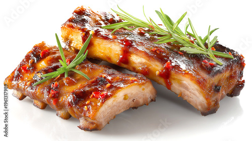 Grilled pork ribs on white background