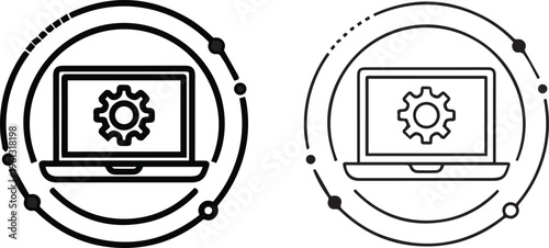 Gear icons, laptop settings, technical symbols, black line illustrations, web development concepts