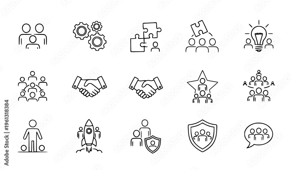 Fototapeta premium Collection of 14 line icons depicting teamwork collaboration and business concepts
