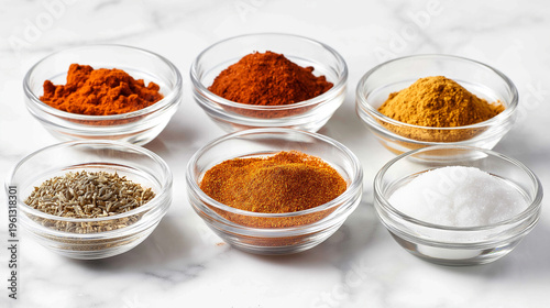 Spices in bowls on white background