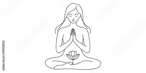 Minimalist black and white line art of a woman practicing yoga and meditation for inner peace.