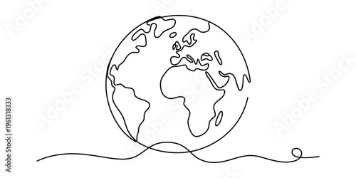 Continuous line drawing of the earth globe showing continents on a white background