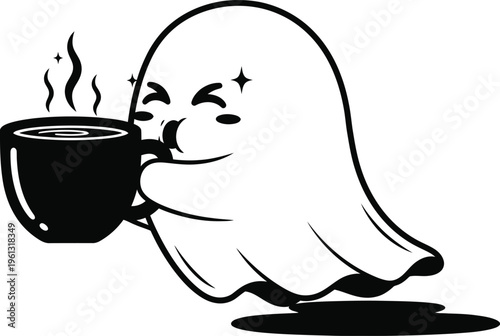 A cute ghost character enjoying a steaming cup of coffee in a minimalist black and white illustration