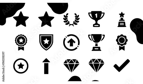 Collection of black achievement icons on white background
