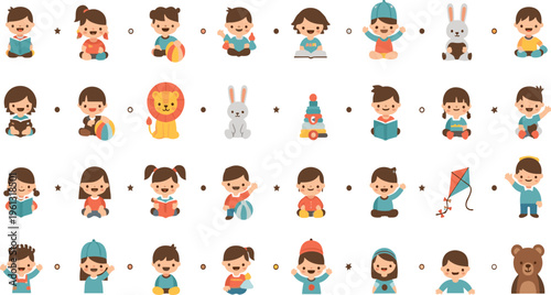 Cute Kids Playing Toys and Reading Books Cartoon Character Set with Children Activities Animals Fun Childhood and Kindergarten Education Vector Illustration.