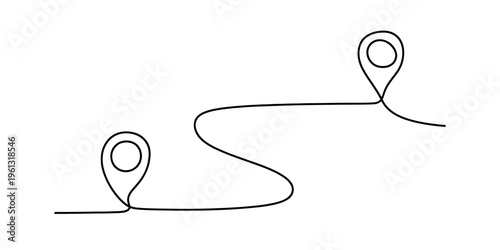 Continuous line drawing of a winding path connecting two map location pins on a white background