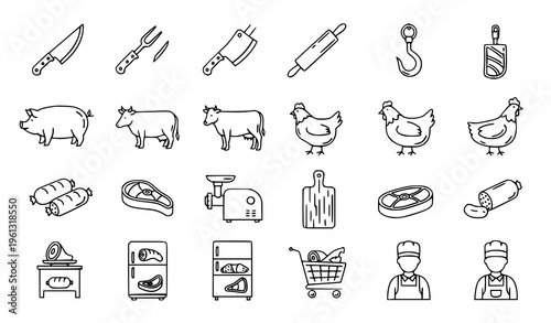 Butcher shop and meat market icons and symbols