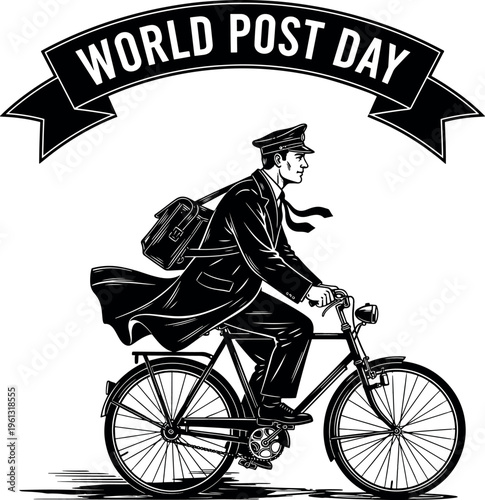 Vintage World Post Day Illustration Mail Carrier on Bicycle Graphic