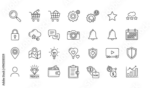 Collection of 25 line icons for business finance and technology concepts
