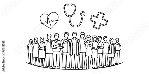 Line art illustration of a diverse group of healthcare professionals standing together as a team
