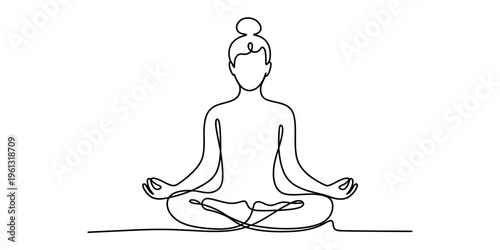 Minimalist continuous line drawing of a person sitting in a lotus yoga pose for meditation.