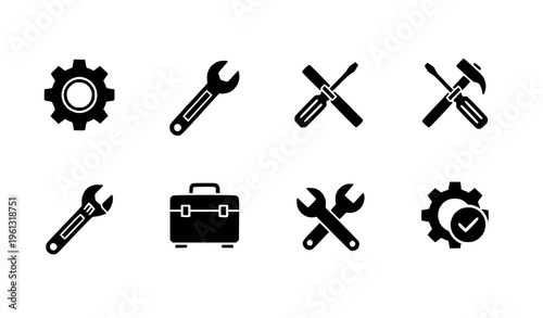 Collection of black and white icons depicting various tools and equipment for maintenance and repair