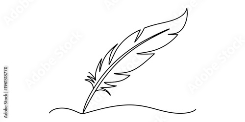 Continuous line drawing of a feather quill pen writing on a horizontal surface in minimalist style