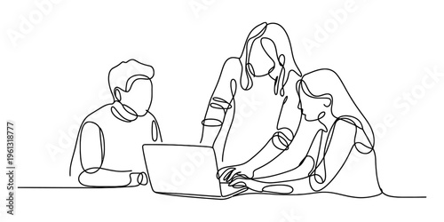 One line drawing of a creative team collaborating on a project using a laptop at a shared desk.