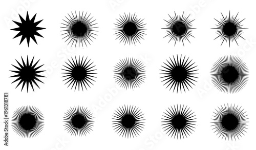 Collection of black explosion burst icons in various styles and sizes