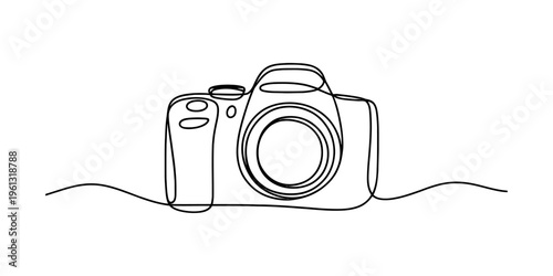 Continuous one line drawing of a professional digital slr camera on white background