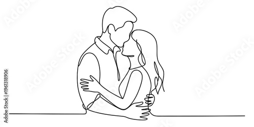 Continuous line drawing of a romantic couple embracing and sharing an intimate moment together
