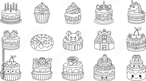 A set of black and white line art illustrations of various decorated cakes and cupcakes