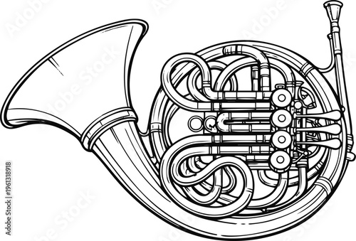 Classic French Horn Line Drawing – Musical Instrument Outline Drawing, Linear art collection. Editable stroke. Vector illustration	
