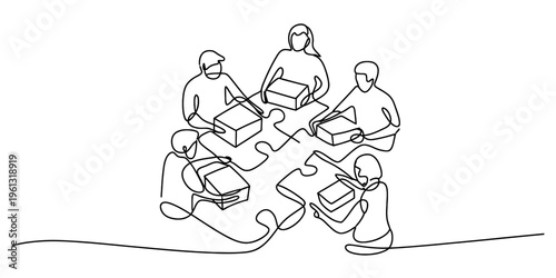 One line art of business people sitting at a table shaped like puzzle pieces holding boxes.
