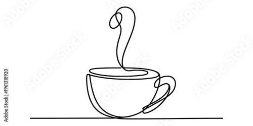 Continuous one line drawing of a cup of hot coffee or tea with steam rising above it.