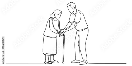 Continuous line drawing of a young man helping an elderly woman with a walking stick