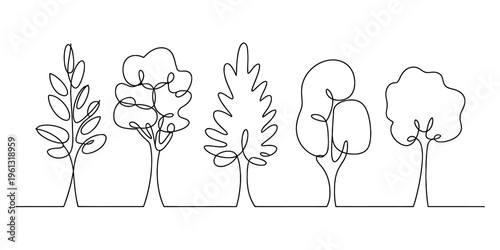 Minimalist one line drawing of various tree types including deciduous and coniferous species