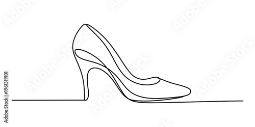 Elegant continuous line drawing of a classic high-heeled stiletto shoe on a white background.