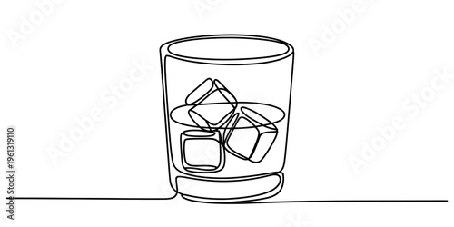 Continuous line drawing of a glass filled with a drink and ice cubes on a white background.