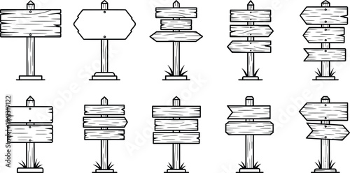 A set of wooden signposts with multiple directional signs in a minimalist line art style